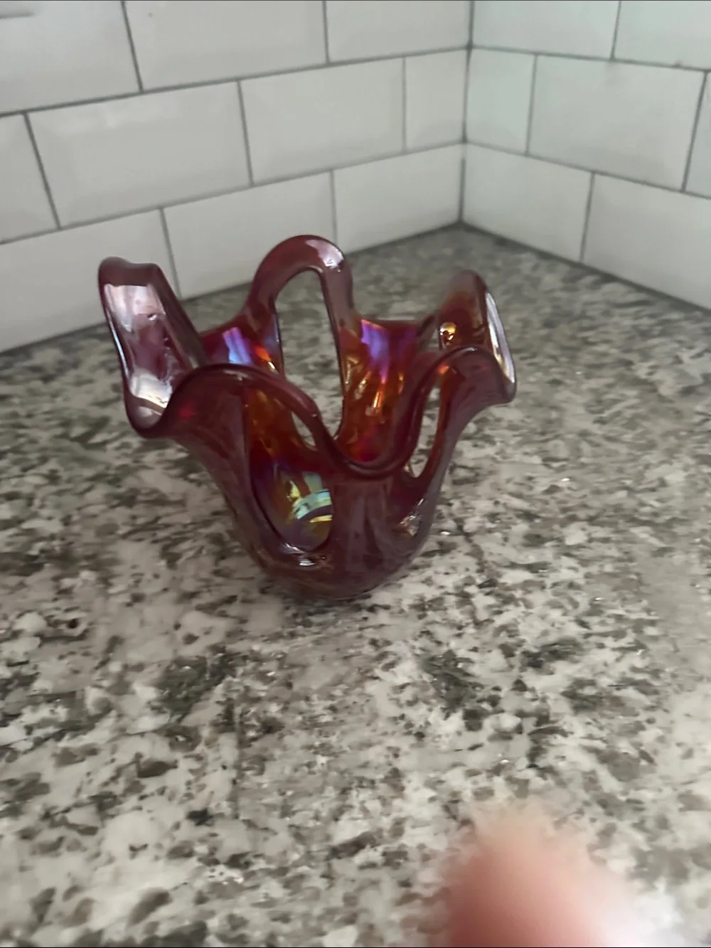 Ruffled Glass Candle Holder - Deep Red with Gold Accents
